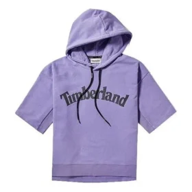 Maglietta casual con cappuccio e stampa logo, maniche corte, viola